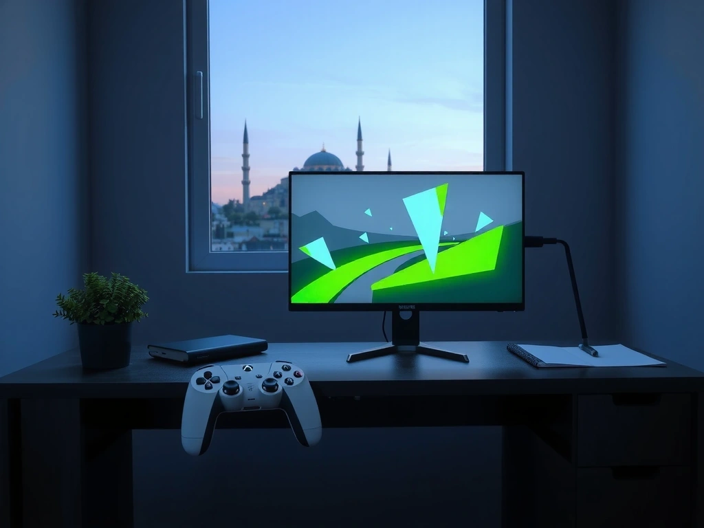 Modern gaming setup with Istanbul skyline view